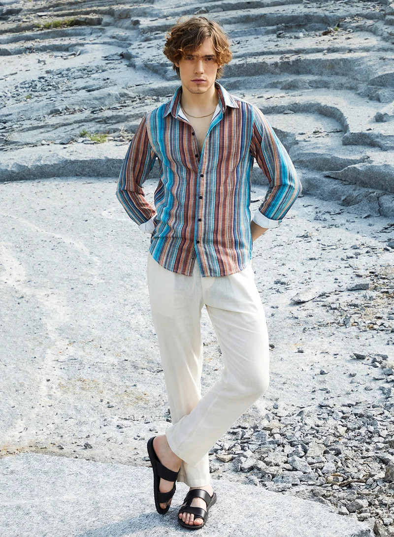 كامبوس سوترا Men's Azure Blue & Chocolate Brown Multitrack-Striped Shirt