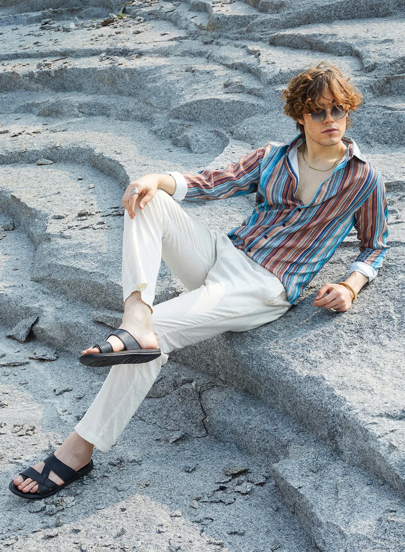 كامبوس سوترا Men's Azure Blue & Chocolate Brown Multitrack-Striped Shirt