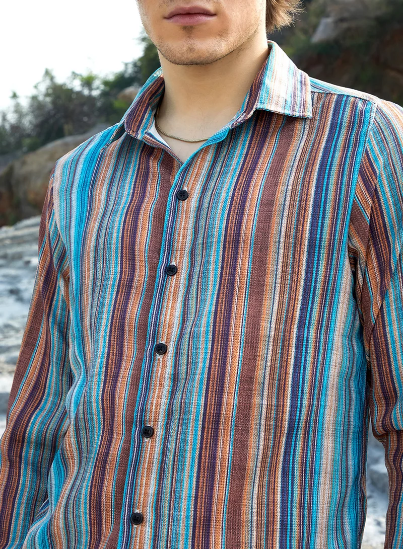 كامبوس سوترا Men's Azure Blue & Chocolate Brown Multitrack-Striped Shirt