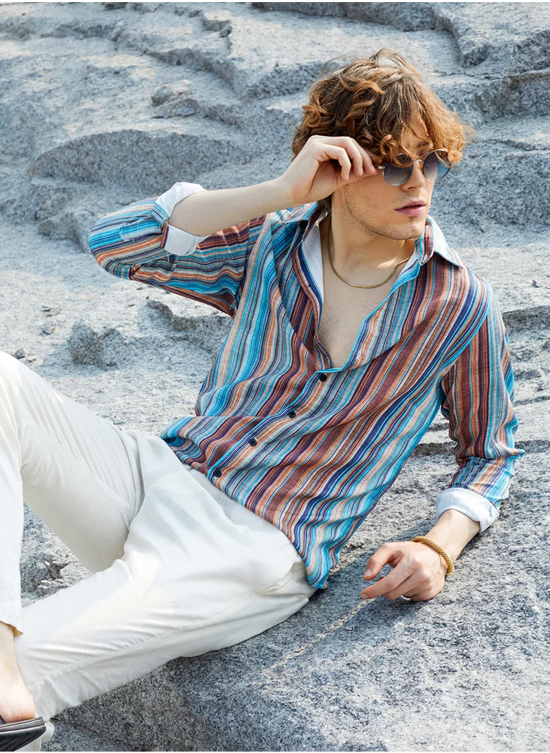 كامبوس سوترا Men's Azure Blue & Chocolate Brown Multitrack-Striped Shirt