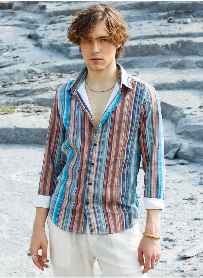 كامبوس سوترا Men's Azure Blue & Chocolate Brown Multitrack-Striped Shirt