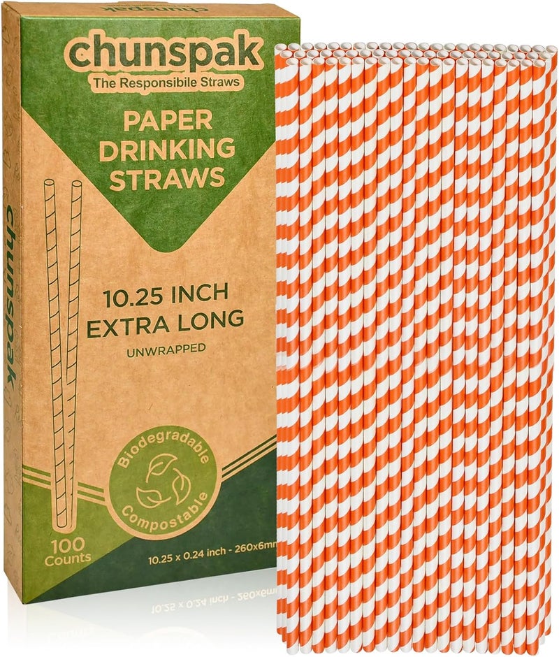 chunspak قصبة ورقية طويلة بلون برتقالي وأبيض مخططة، قابلة للتحلل البيولوجي بنسبة 100%، طول إضافي 10.25 بوصة، عدد 100، قصبة شرب صديقة للبيئة للمشروبات الطويلة والحفلات وهالوين - Image 1