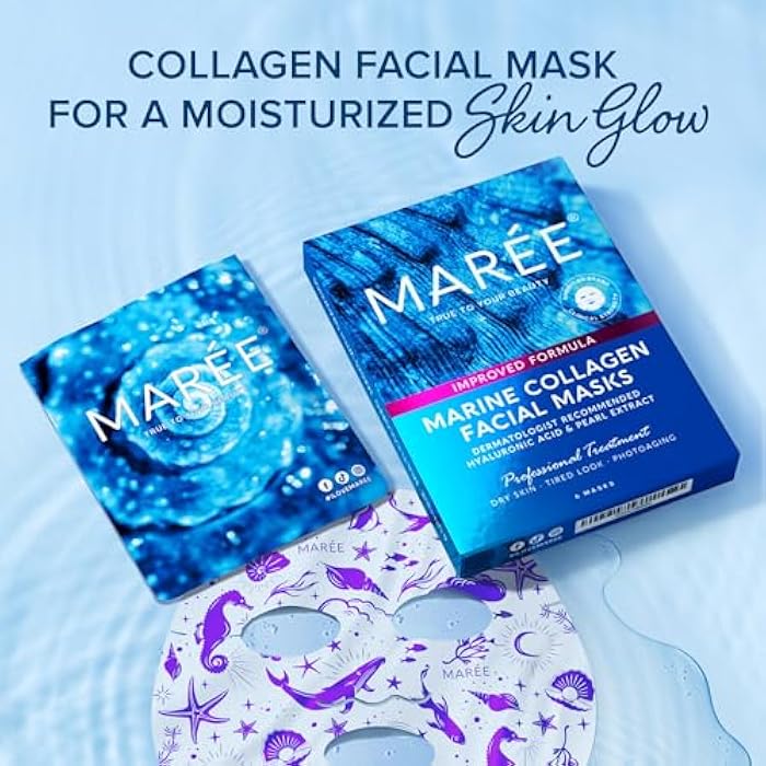 MAREE Collagen Facial Mask with Hyaluronic Acid — Sheet Face Mask Skincare — Centella Asiatica, Green & Red Algae Extract — Hydrating Facemask For Women Skin Care — Mascarillas Para La Cara — 6 Count - Image 5