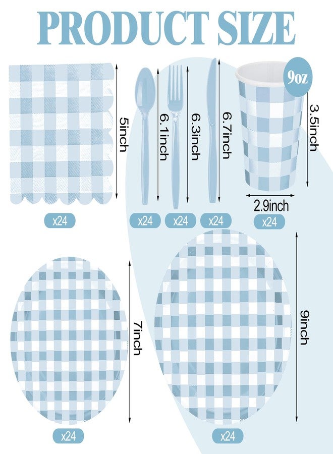 Newtay 168 Pcs Gingham Party Supplies for 24 Guests Thick Paper Plates Knives Spoons Forks Napkins Cups Disposable Set Cutlery for Baby Shower 1st Birthday Wedding Party Favor(Blue and White) - Image 2