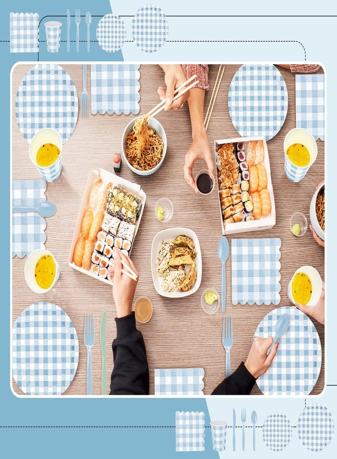Newtay 168 Pcs Gingham Party Supplies for 24 Guests Thick Paper Plates Knives Spoons Forks Napkins Cups Disposable Set Cutlery for Baby Shower 1st Birthday Wedding Party Favor(Blue and White) - Image 3