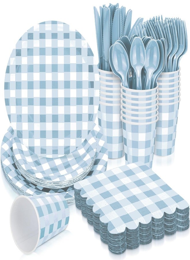 Newtay 168 Pcs Gingham Party Supplies for 24 Guests Thick Paper Plates Knives Spoons Forks Napkins Cups Disposable Set Cutlery for Baby Shower 1st Birthday Wedding Party Favor(Blue and White) - Image 1