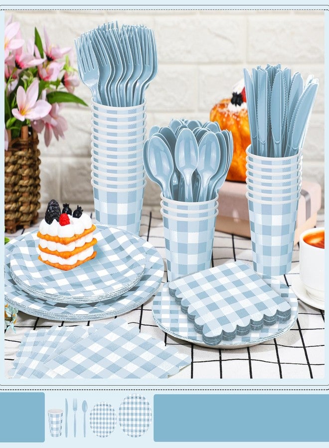 Newtay 168 Pcs Gingham Party Supplies for 24 Guests Thick Paper Plates Knives Spoons Forks Napkins Cups Disposable Set Cutlery for Baby Shower 1st Birthday Wedding Party Favor(Blue and White) - Image 5