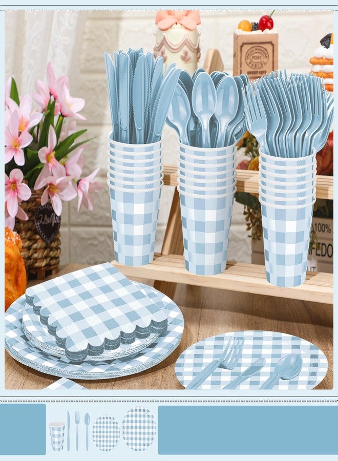 Newtay 168 Pcs Gingham Party Supplies for 24 Guests Thick Paper Plates Knives Spoons Forks Napkins Cups Disposable Set Cutlery for Baby Shower 1st Birthday Wedding Party Favor(Blue and White) - Image 4