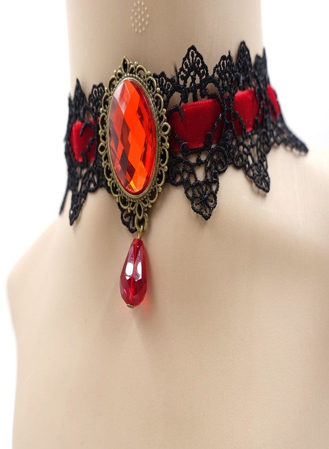 ETERNITY J. Retro Handmade Craft Lace Royal Court Vampire Choker Gothic Necklace Red Pendant Chain - Image 3