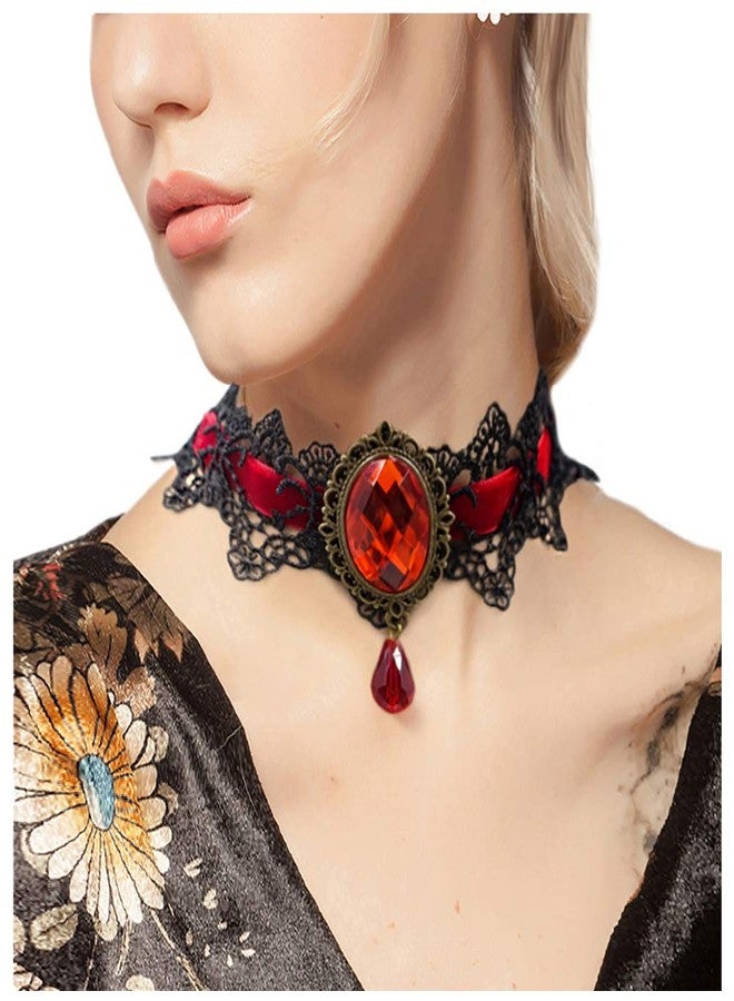 ETERNITY J. Retro Handmade Craft Lace Royal Court Vampire Choker Gothic Necklace Red Pendant Chain - Image 2