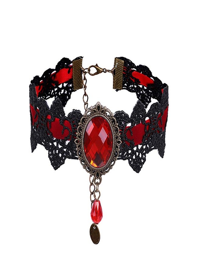 ETERNITY J. Retro Handmade Craft Lace Royal Court Vampire Choker Gothic Necklace Red Pendant Chain - Image 1