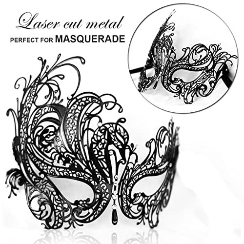 Cosmer Masquerade Mask for Women Shiny Laser Cut Metal Rhinestone Mask Party Porm Ball Mask (Black Phoenix) - Image 2