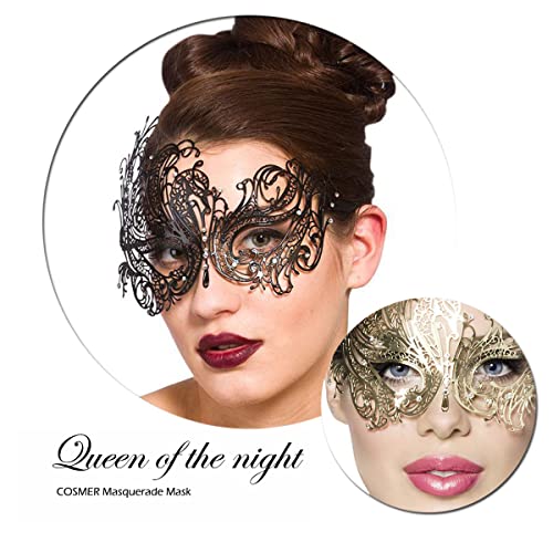 Cosmer Masquerade Mask for Women Shiny Laser Cut Metal Rhinestone Mask Party Porm Ball Mask (Black Phoenix) - Image 3