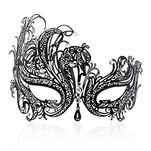 Cosmer Masquerade Mask for Women Shiny Laser Cut Metal Rhinestone Mask Party Porm Ball Mask (Black Phoenix) - Image 1