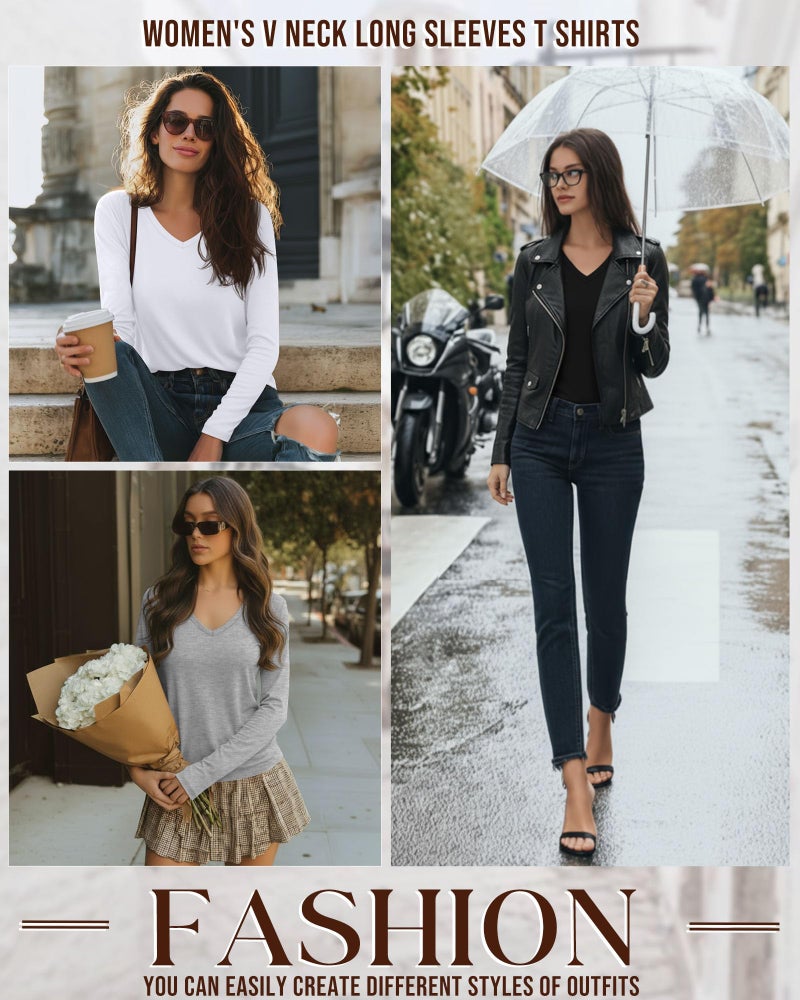 Huukeay 4 Pack Women's V Neck Long Sleeve T Shirts Basic Tops Casual Fall Loose Fit Blouse Tee Clothes Fashionable Outfits(Haze Blue, Grey, White, Black,Small) - Image 3