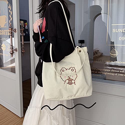 Aisi Corduroy Totes Bag Women Ladies Corduroy Shoulder Bag Cute Cartoon Embroidery Casual Shoulder Tote - Image 4