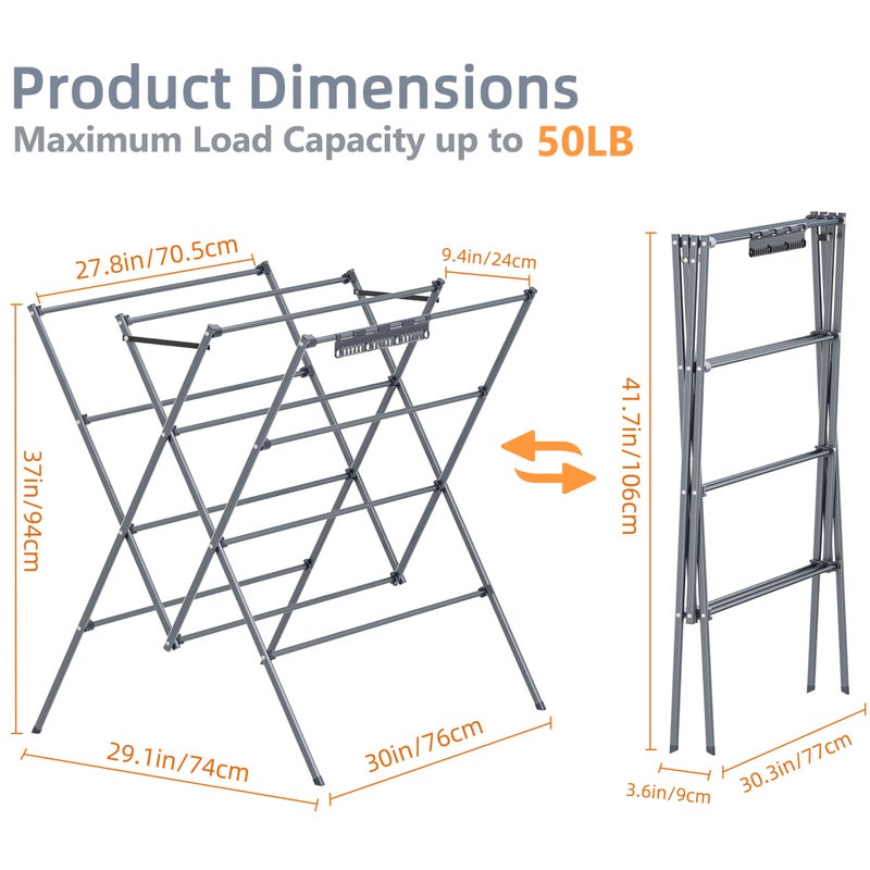HOMIDEC Drying Rack Clothing,Large 12 Drying Poles with Sock Clips Clothes Drying Rack,Foldable Portable Laundry Drying Rack for Air Drying Clothing,Towels,Delicate Eac,Indoor Outdoor Use.Silver - Image 3