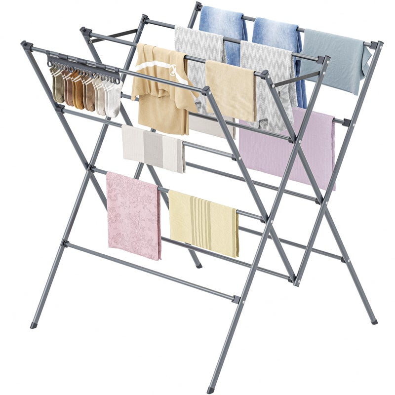 HOMIDEC Drying Rack Clothing,Large 12 Drying Poles with Sock Clips Clothes Drying Rack,Foldable Portable Laundry Drying Rack for Air Drying Clothing,Towels,Delicate Eac,Indoor Outdoor Use.Silver - Image 1