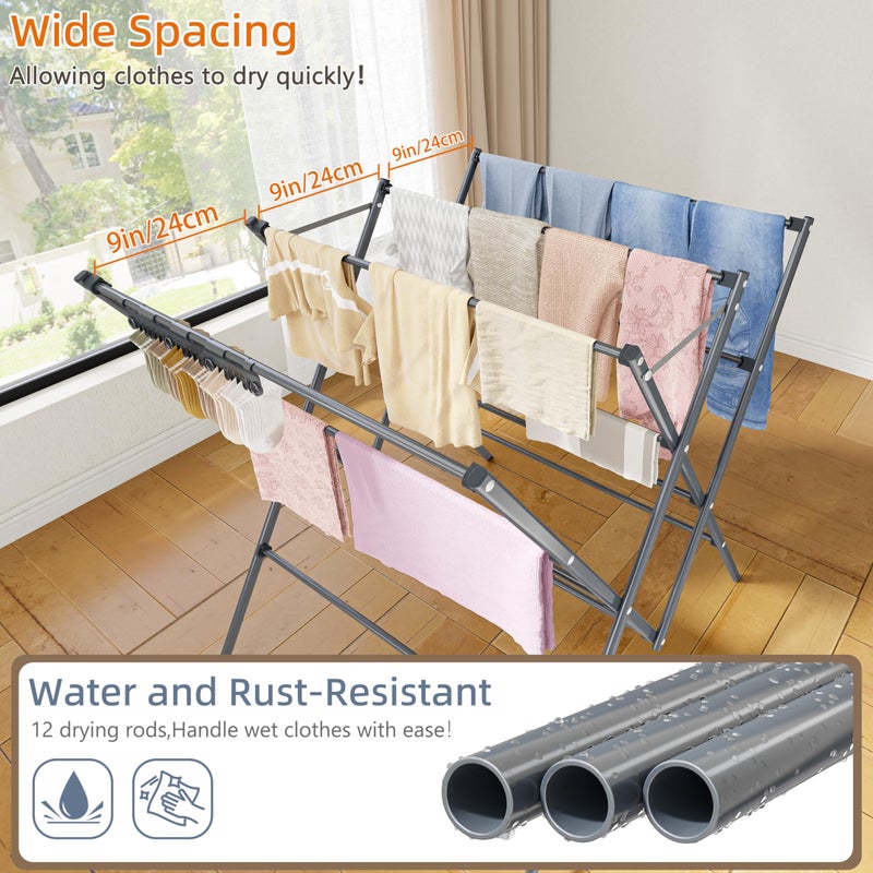 HOMIDEC Drying Rack Clothing,Large 12 Drying Poles with Sock Clips Clothes Drying Rack,Foldable Portable Laundry Drying Rack for Air Drying Clothing,Towels,Delicate Eac,Indoor Outdoor Use.Silver - Image 4