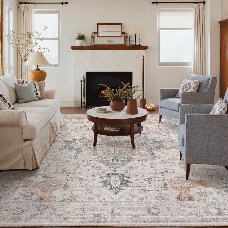 GENIMO 6x9 Area Rugs for Living Room Machine Washable Low Pile Rugs Chenille Non Alip Vintage Rug for Bedroom Dining Room Home Office Light Taupe Brown