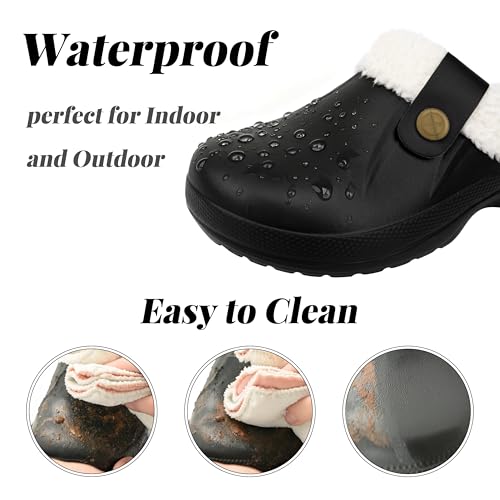 ChayChax Women and Men Fur Lined Clogs Memory Foam Warm Fuzzy Slippers Winter Waterproof Indoor Outdoor Slipper, Black, 6-7 Women/5-6 Men - Image 3
