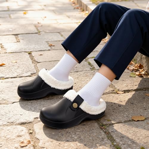 ChayChax Women and Men Fur Lined Clogs Memory Foam Warm Fuzzy Slippers Winter Waterproof Indoor Outdoor Slipper, Black, 6-7 Women/5-6 Men - Image 2