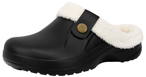 ChayChax Women and Men Fur Lined Clogs Memory Foam Warm Fuzzy Slippers Winter Waterproof Indoor Outdoor Slipper, Black, 6-7 Women/5-6 Men - Image 1