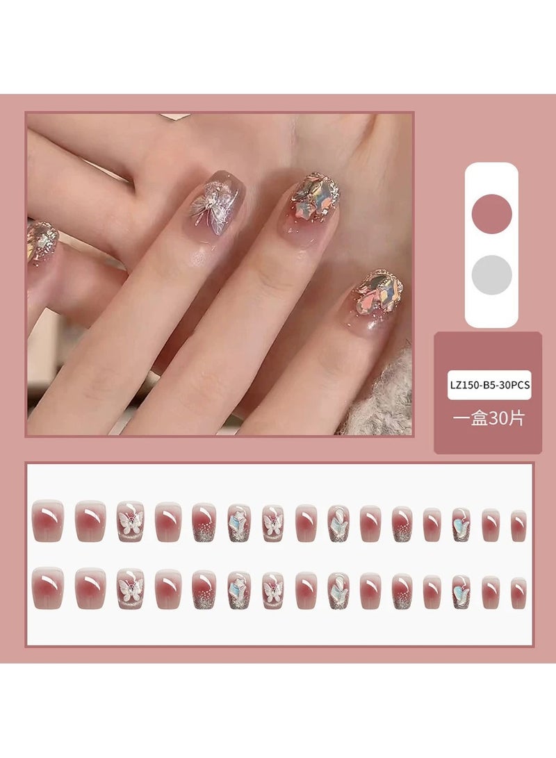 Goolsky أظافر ضغط مزينة بالأحجار الكريمة 3D 30 قطعة - تصميم نجمة فراشة نصائح أظافر مزيفة بأسلوب إنستغرام، قابلة لإعادة الاستخدام وسهلة التطبيق - Image 1
