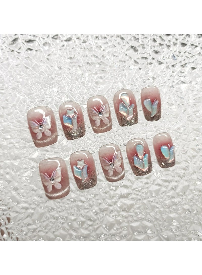 Goolsky أظافر ضغط مزينة بالأحجار الكريمة 3D 30 قطعة - تصميم نجمة فراشة نصائح أظافر مزيفة بأسلوب إنستغرام، قابلة لإعادة الاستخدام وسهلة التطبيق - Image 2