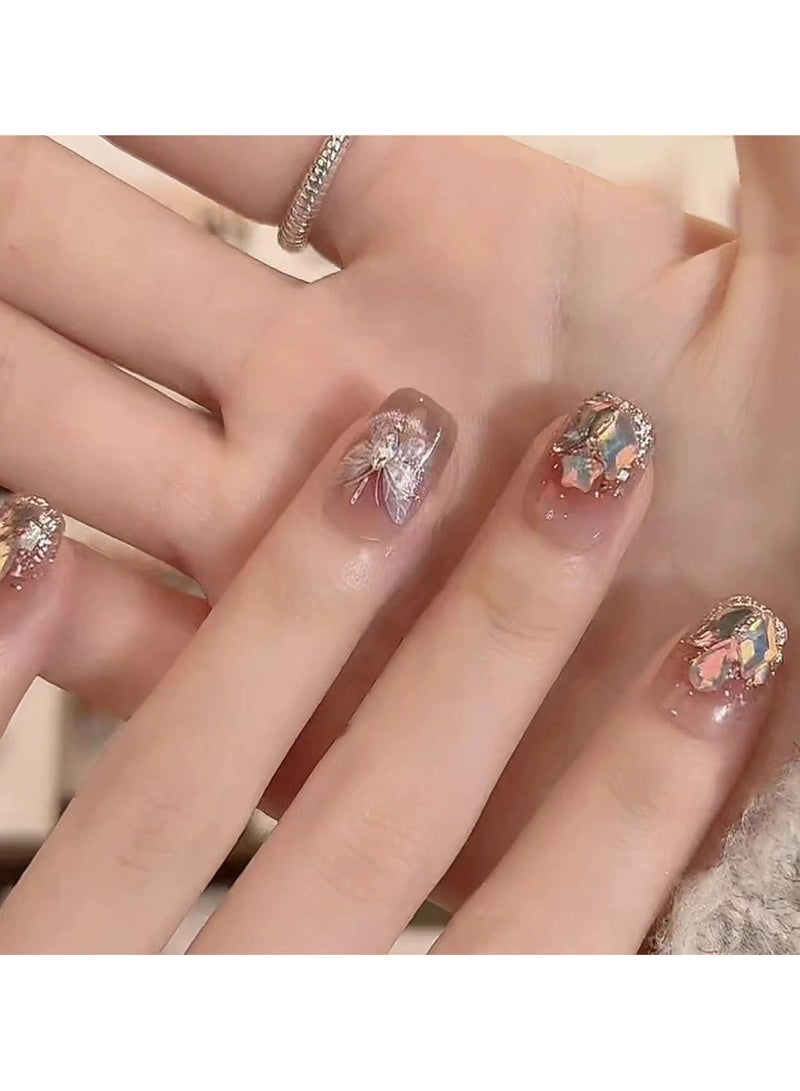 Goolsky أظافر ضغط مزينة بالأحجار الكريمة 3D 30 قطعة - تصميم نجمة فراشة نصائح أظافر مزيفة بأسلوب إنستغرام، قابلة لإعادة الاستخدام وسهلة التطبيق - Image 4