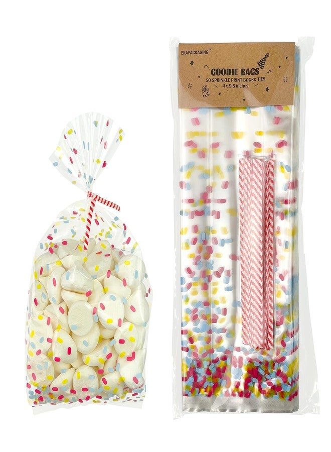 EKAPACKAGING 50 Pcs 4 X 9.5 Inches Sprinkle Print Goodie Bags Cellophane Candy Treat Bags With Ties - Image 1