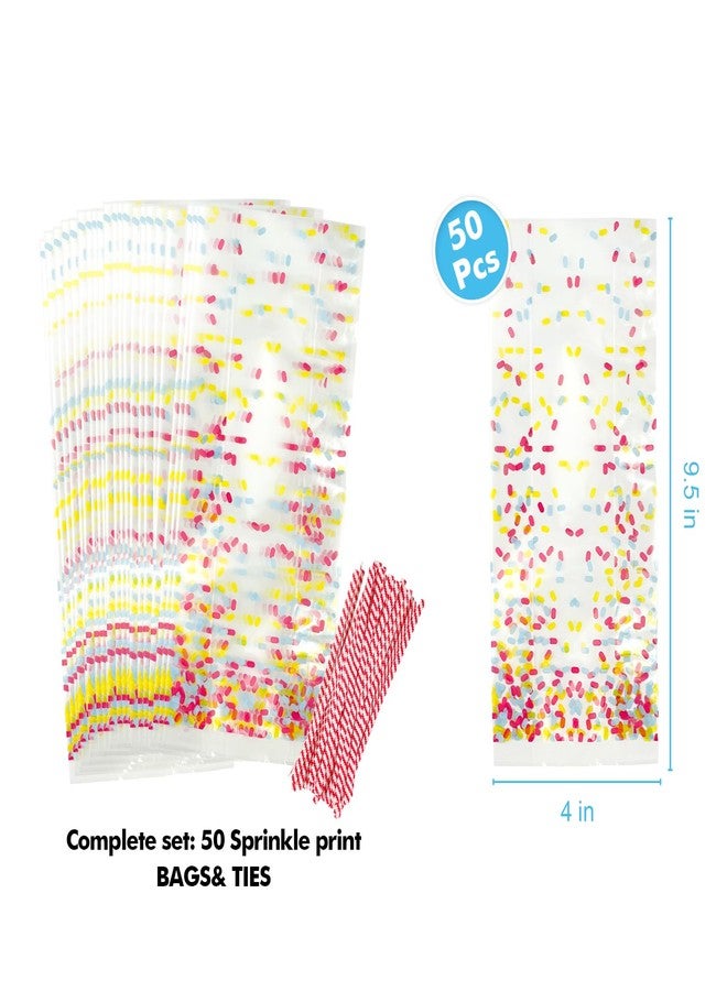 EKAPACKAGING 50 Pcs 4 X 9.5 Inches Sprinkle Print Goodie Bags Cellophane Candy Treat Bags With Ties - Image 2
