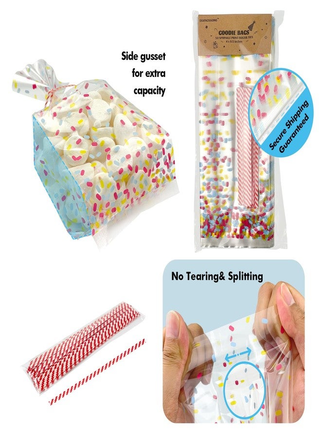 EKAPACKAGING 50 Pcs 4 X 9.5 Inches Sprinkle Print Goodie Bags Cellophane Candy Treat Bags With Ties - Image 3