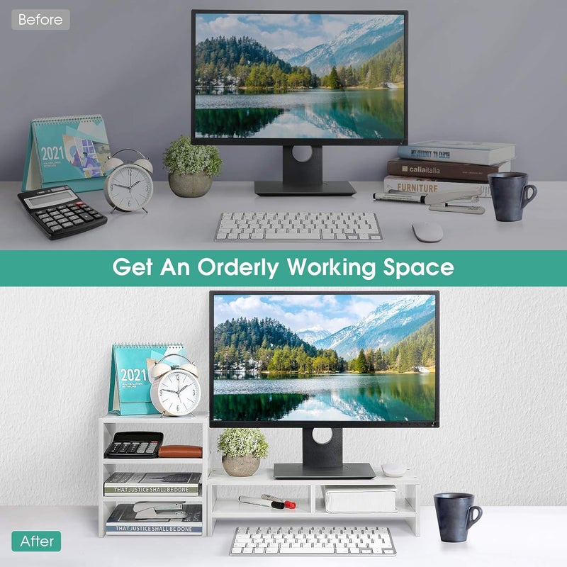 klarako Monitor Stand Riser, Wooden Computer Monitor Stand Desktop Laptop TV Printer Holder with 3 Tier Storage Shelf and Keyboard Storage Space for Home Office School, White - Image 3