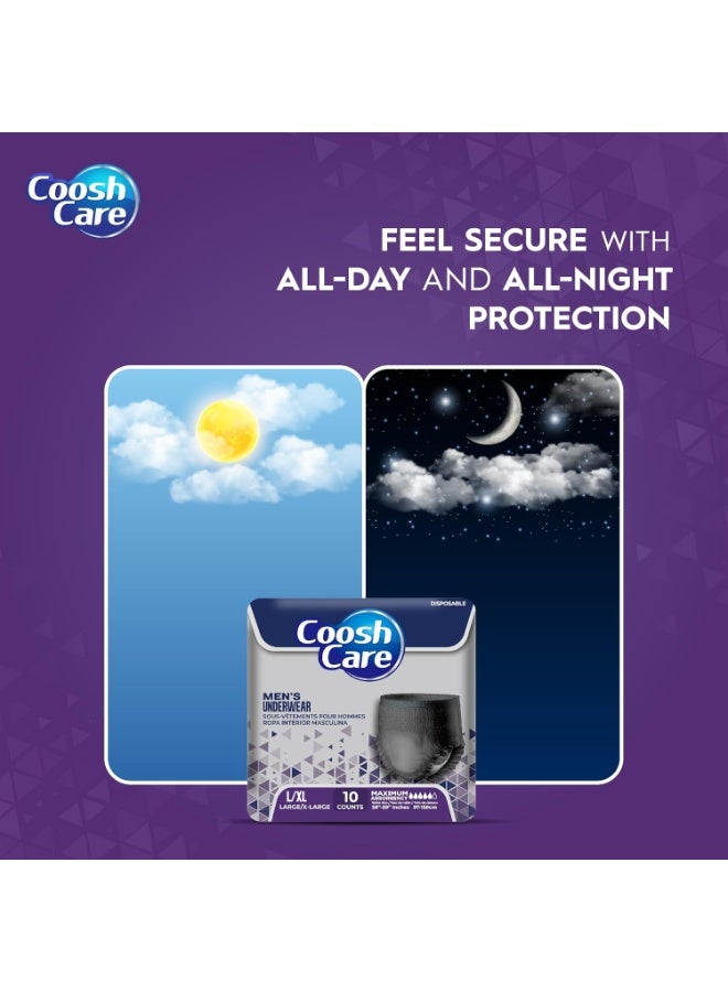 CooshCare Disposable Underwear, Maximum Absorbency Adult Pull-Up Briefs (10 Count), Super Soft Cover, Leakproof Protection, Comfortable & Secure Fit for Incontinence Care (MEN - L/XL) - Image 2