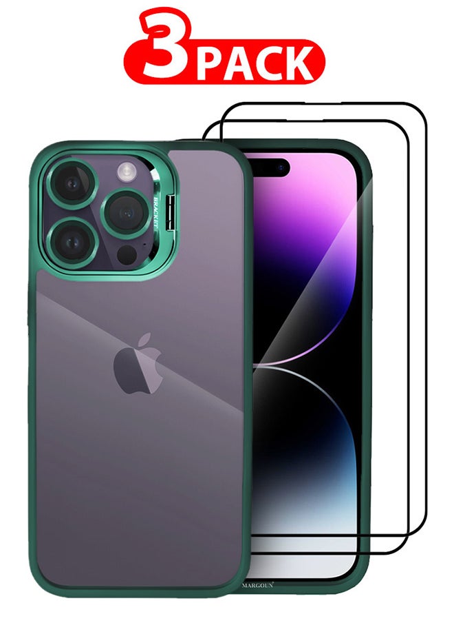 CATANES - 3 Pack iPhone 14 Pro Case Cover and Lens Protector and 2 Screen Protectors Built-in Camera Stand and Compatible with MagSafe Full Body Shockproof Case Clear Green - Image 1