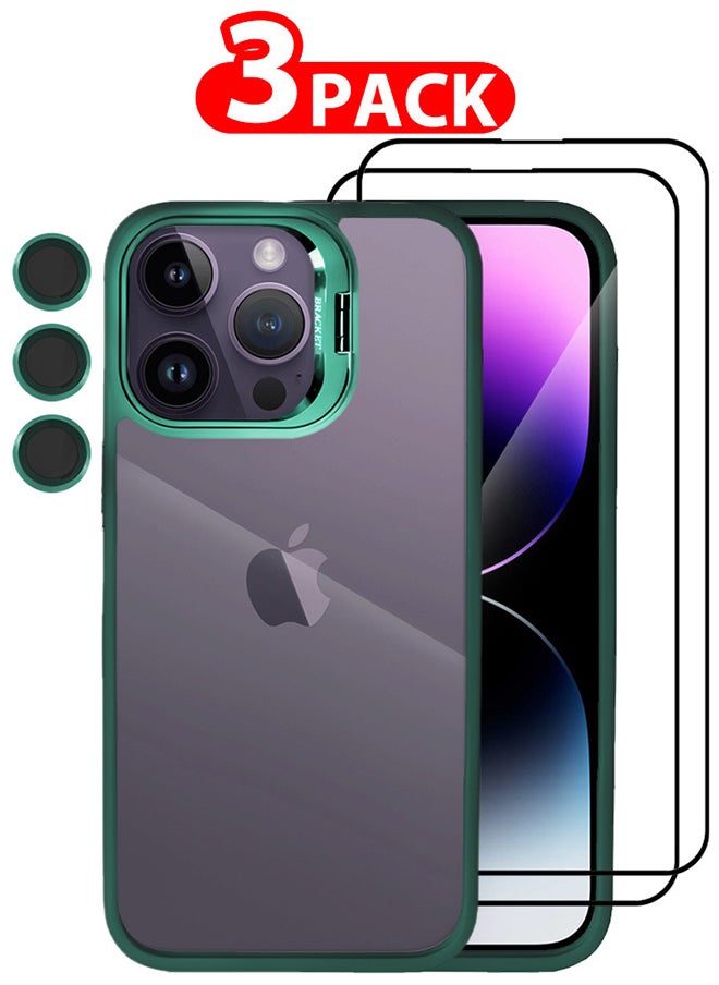 CATANES - 3 Pack iPhone 14 Pro Case Cover and Lens Protector and 2 Screen Protectors Built-in Camera Stand and Compatible with MagSafe Full Body Shockproof Case Clear Green - Image 1
