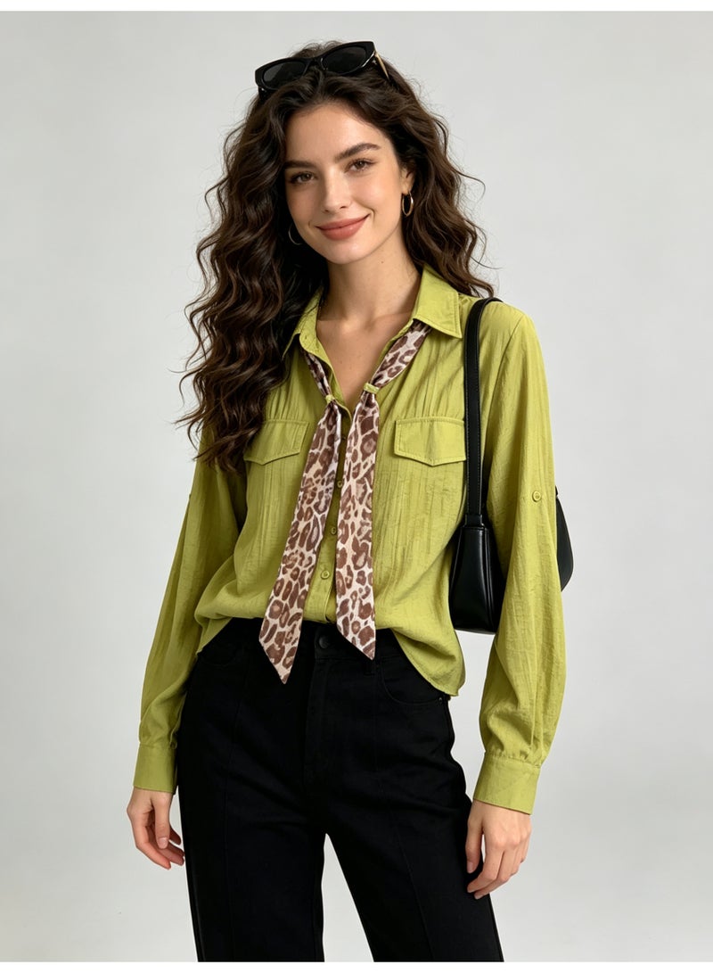 زارا قميص زارا النسائي الأخضر بطاقة وأكمام طويلة مع وشاح بنقش الفهد قابل للإزالة، بلوزة يومية ذات ملمس ناعم - Image 3