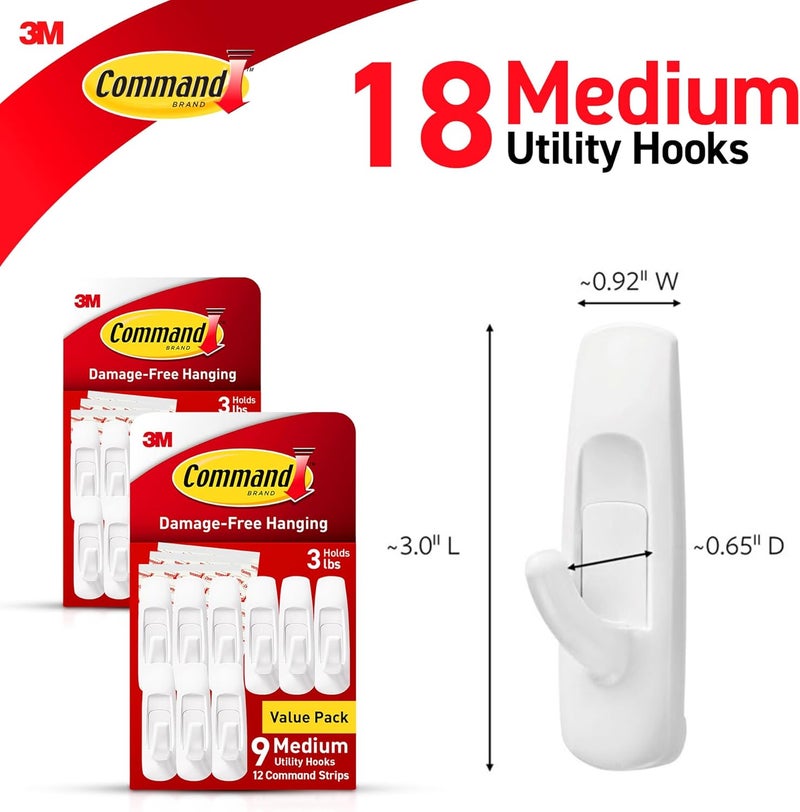 Command Medium Utility Wall Hooks with Adhesive Strips, No Tools Required for Hanging Organizational Items in Living Spaces, 18 White Hooks and 24 Strips - Image 2