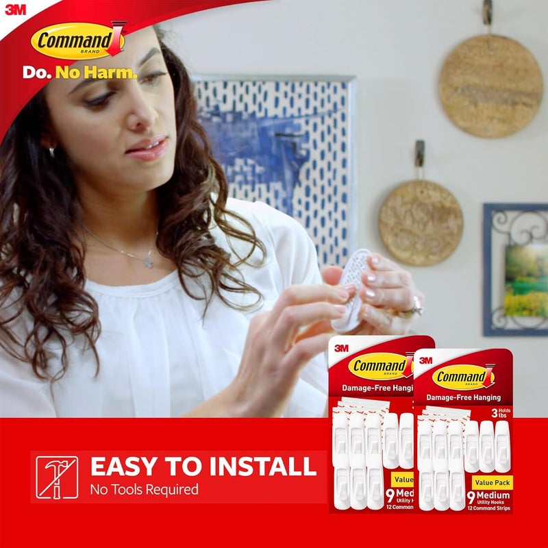 Command Medium Utility Wall Hooks with Adhesive Strips, No Tools Required for Hanging Organizational Items in Living Spaces, 18 White Hooks and 24 Strips - Image 3