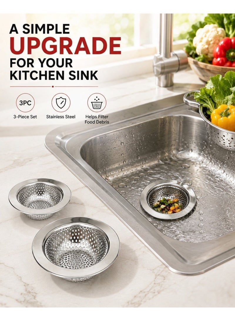 Lukadah Kitchen Sink Strainer Stainless Steel, Kitchen Sink Drain Strainer, Sink Strainers for Kitchen Sinks with Large Wide Rim, 2 × 9 cm & 1 × 11 cm Diameter (3 Pack) - Image 3