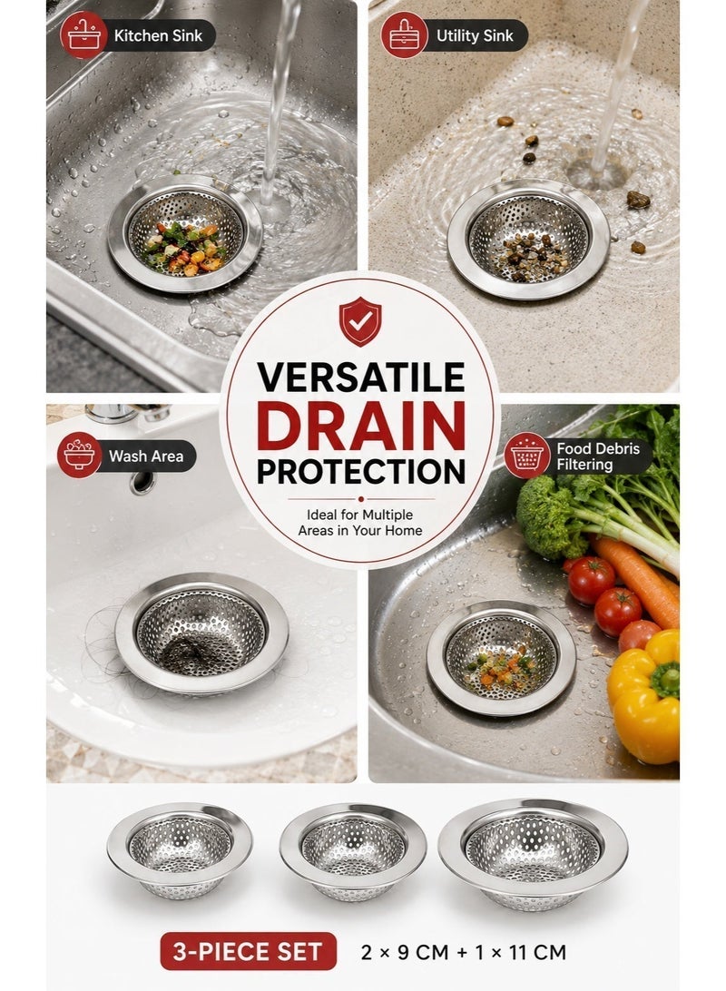 Lukadah Kitchen Sink Strainer Stainless Steel, Kitchen Sink Drain Strainer, Sink Strainers for Kitchen Sinks with Large Wide Rim, 2 × 9 cm & 1 × 11 cm Diameter (3 Pack) - Image 5