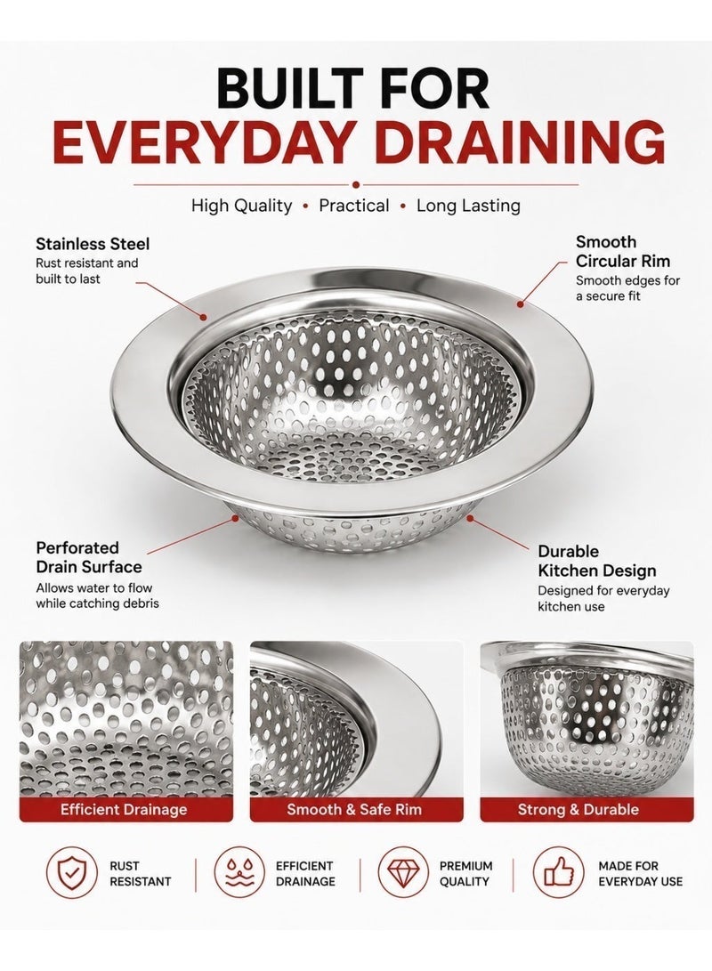 Lukadah Kitchen Sink Strainer Stainless Steel, Kitchen Sink Drain Strainer, Sink Strainers for Kitchen Sinks with Large Wide Rim, 2 × 9 cm & 1 × 11 cm Diameter (3 Pack) - Image 4
