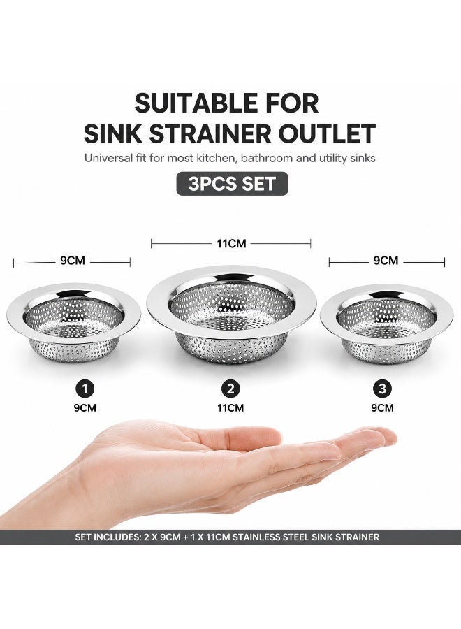 Lukadah Kitchen Sink Strainer Stainless Steel, Kitchen Sink Drain Strainer, Sink Strainers for Kitchen Sinks with Large Wide Rim, 2 × 9 cm & 1 × 11 cm Diameter (3 Pack) - Image 2