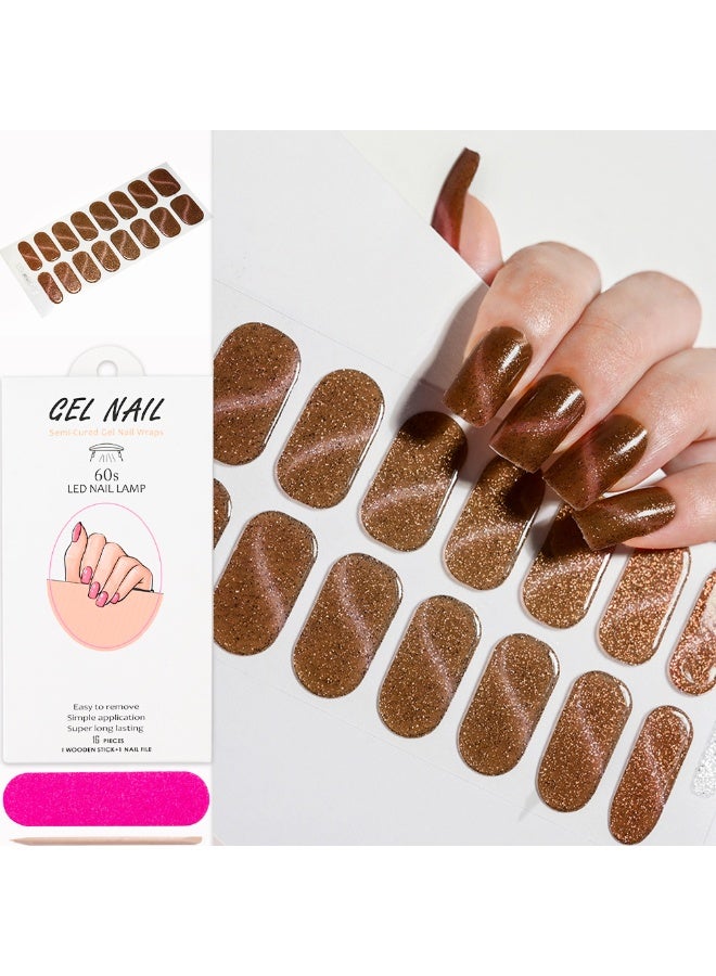 16PCS Cat Eye Glitter UV Gel Nail Stickers Semi Cured LED UV Lamp Nail Art Waterproof Long Lasting Includes Nail File Cuticle Stick and Card for DIY Nail Design Dubai Salon Party Nails - Image 1