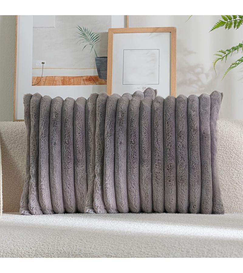 White 18x18 Inch Geometric Striped Plush Decorative Pillow Cover Soft Fluffy Cushion Case for Living Room Bedroom Sofa - Image 2