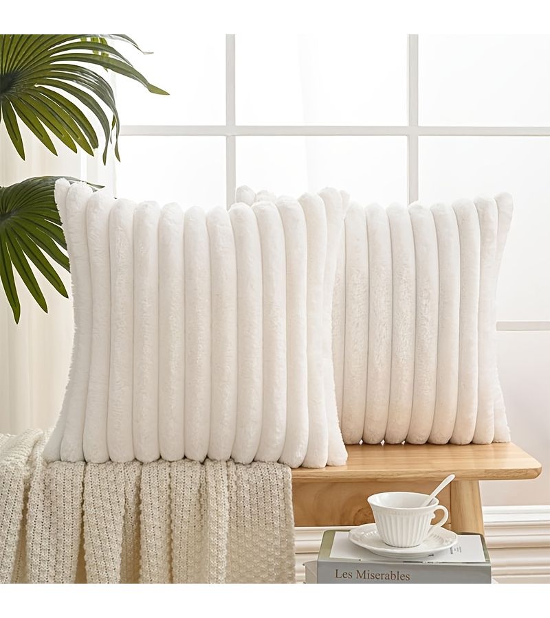 White 18x18 Inch Geometric Striped Plush Decorative Pillow Cover Soft Fluffy Cushion Case for Living Room Bedroom Sofa - Image 1
