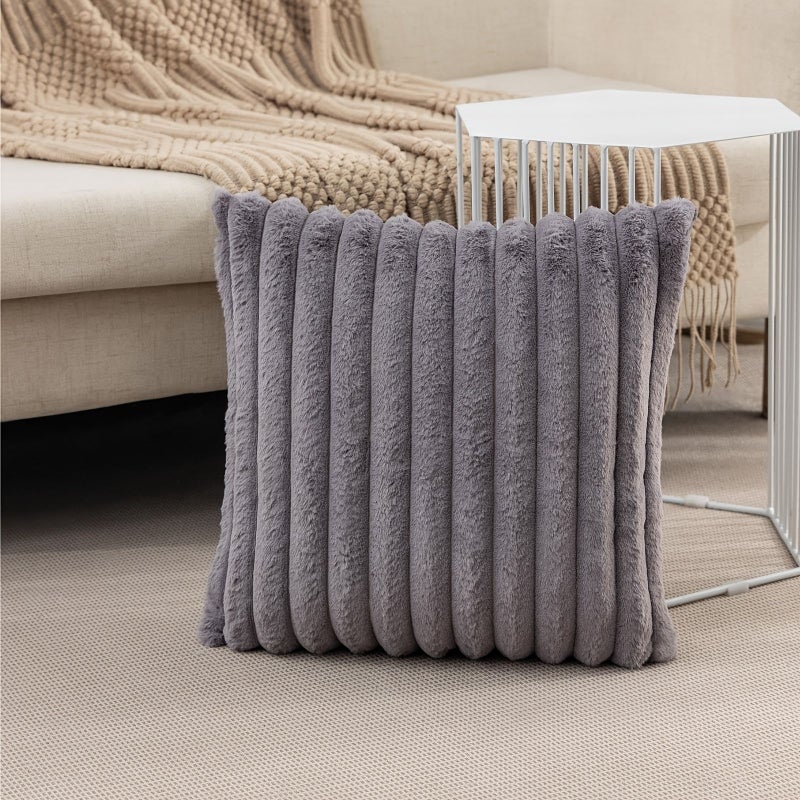 White 18x18 Inch Geometric Striped Plush Decorative Pillow Cover Soft Fluffy Cushion Case for Living Room Bedroom Sofa - Image 4
