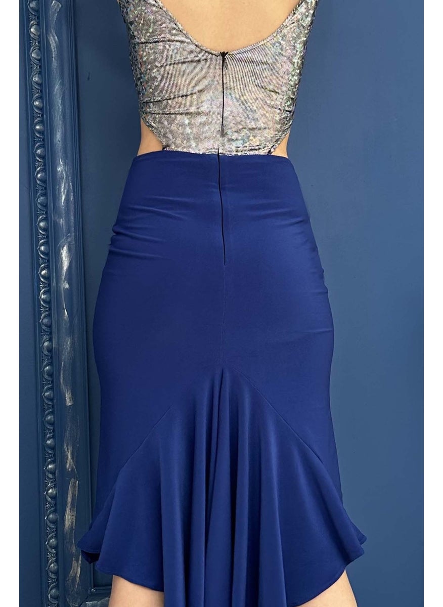 Due Stelle Saks Royal Blue Hologram Back and Side Decollete Slit Tango Dress  - Image 2