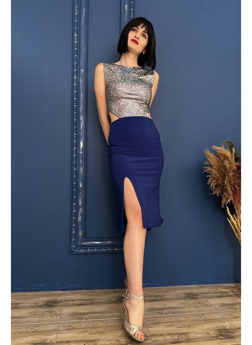 Due Stelle Saks Royal Blue Hologram Back and Side Decollete Slit Tango Dress  - Image 4